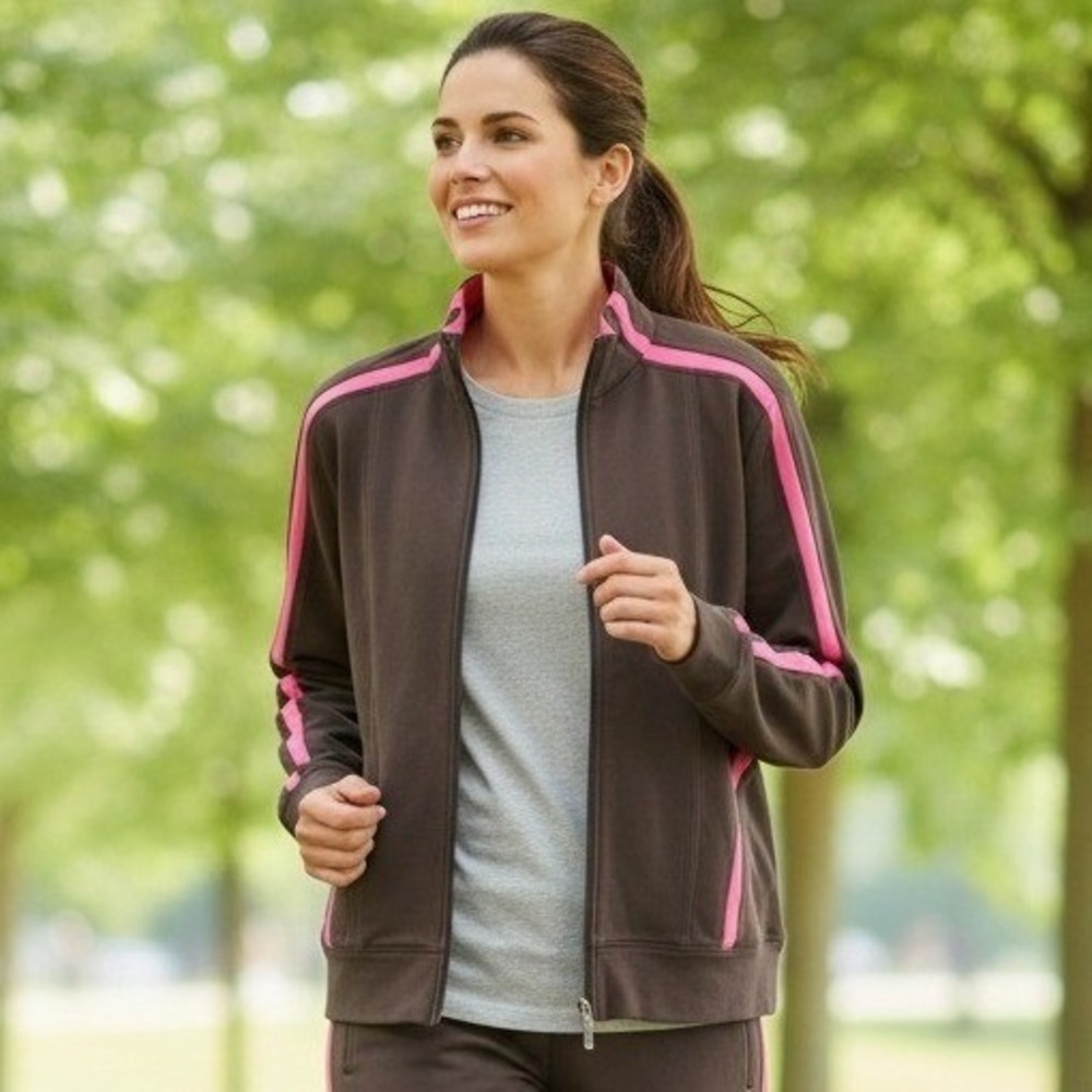 Talbots Jacket Womens Sz XL Full Zip Athleisure Brown Pink Cotton Stretch Active